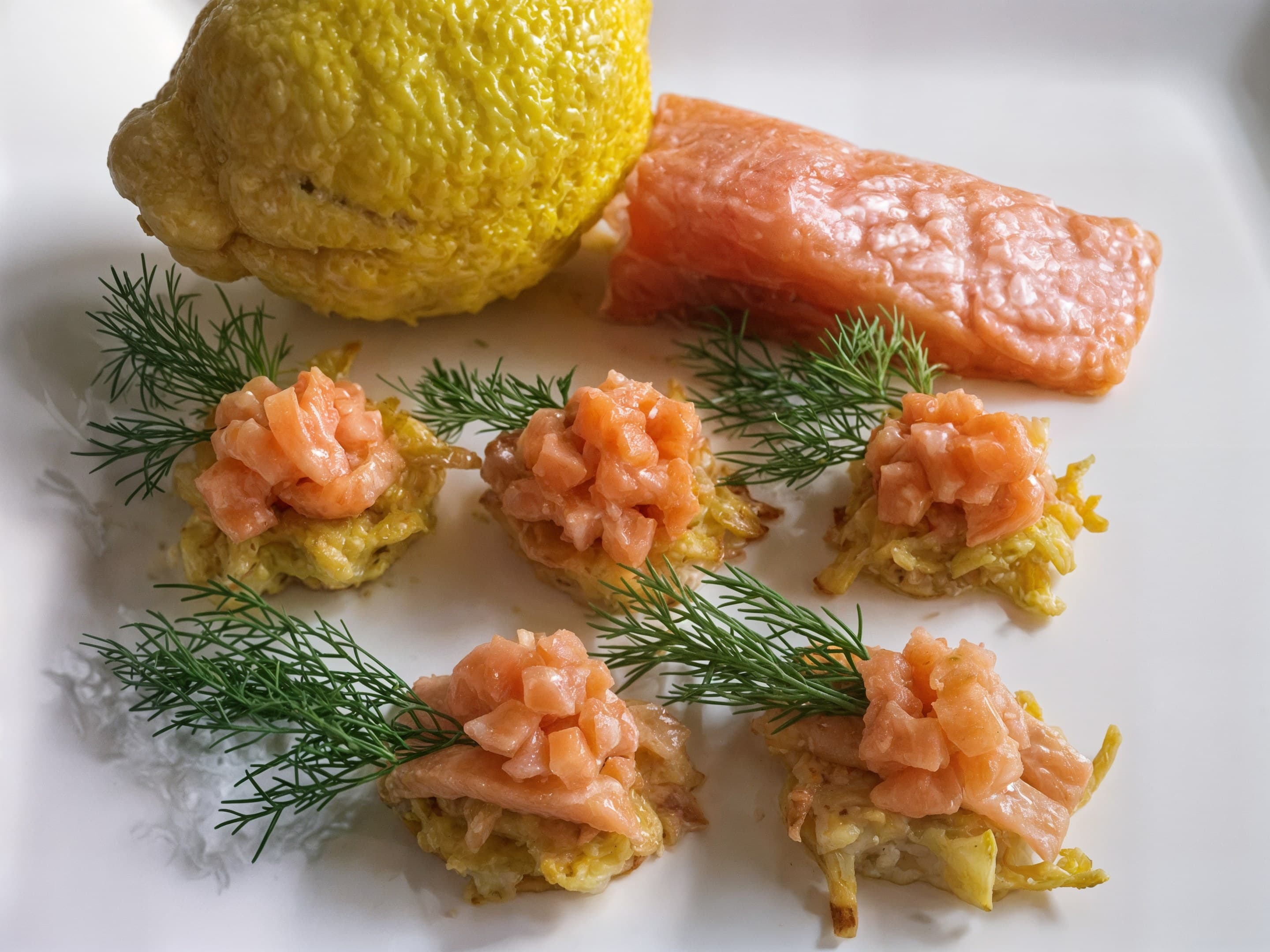 Lachstatar auf Rösti mit Dill, dahinter eine Zitrone und ein Stück Lachsfilet