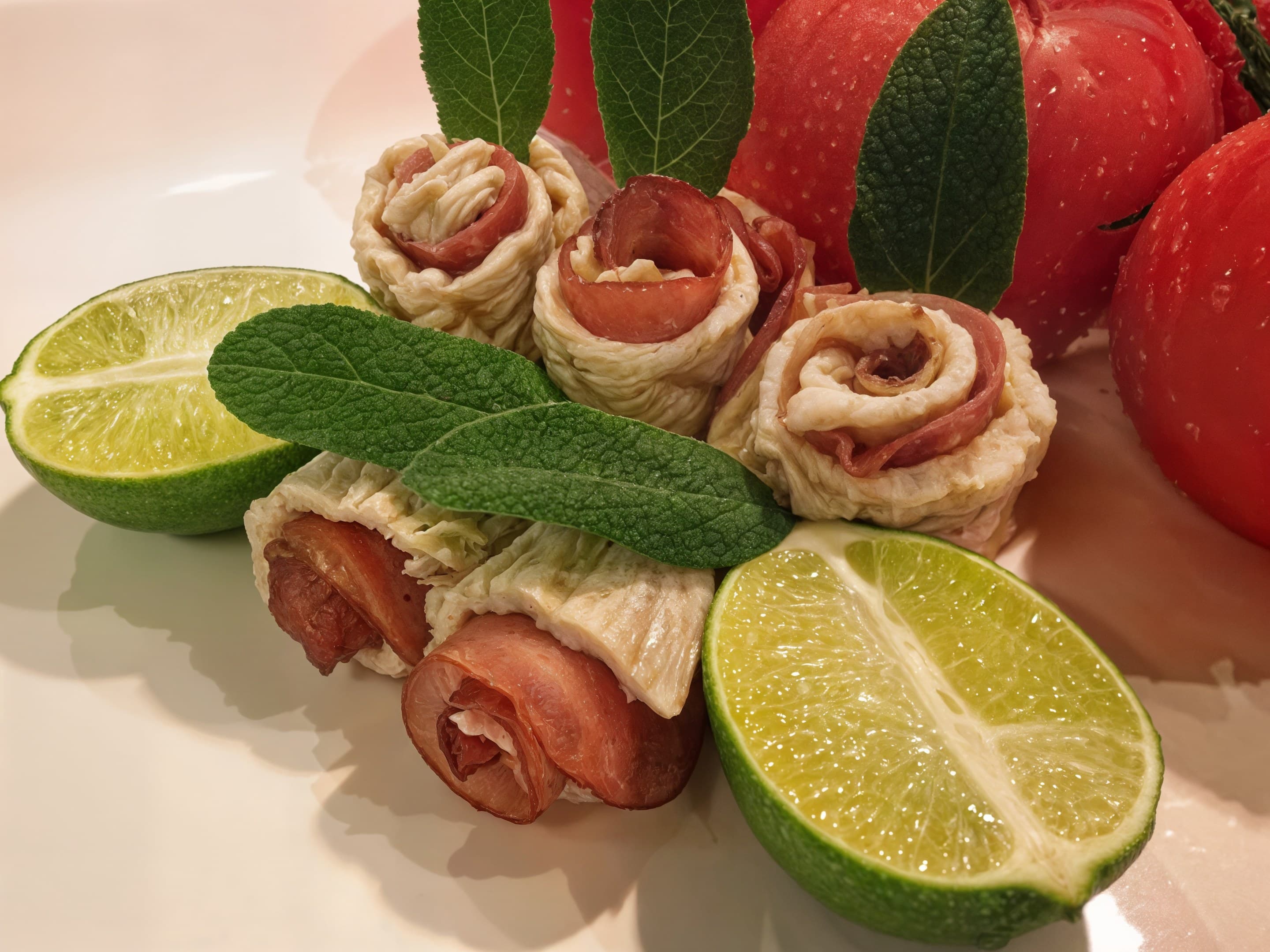 Aufgerollte Röllchen mit Salbeiblättern, halbierten Limetten und Tomaten auf weißem Teller