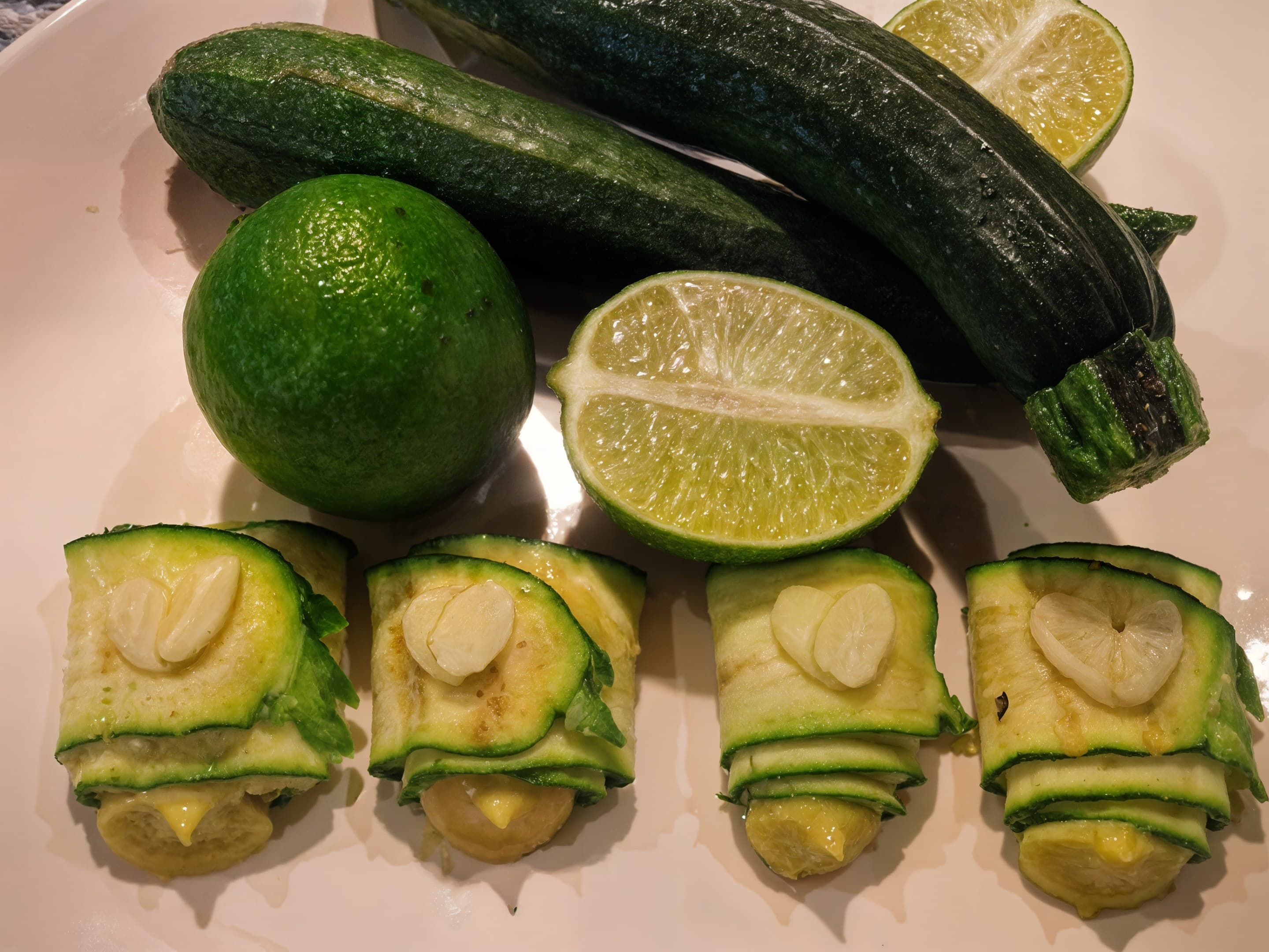 Zucchini-Röllchen mit Mandelblättchen vor Zucchini und Limetten