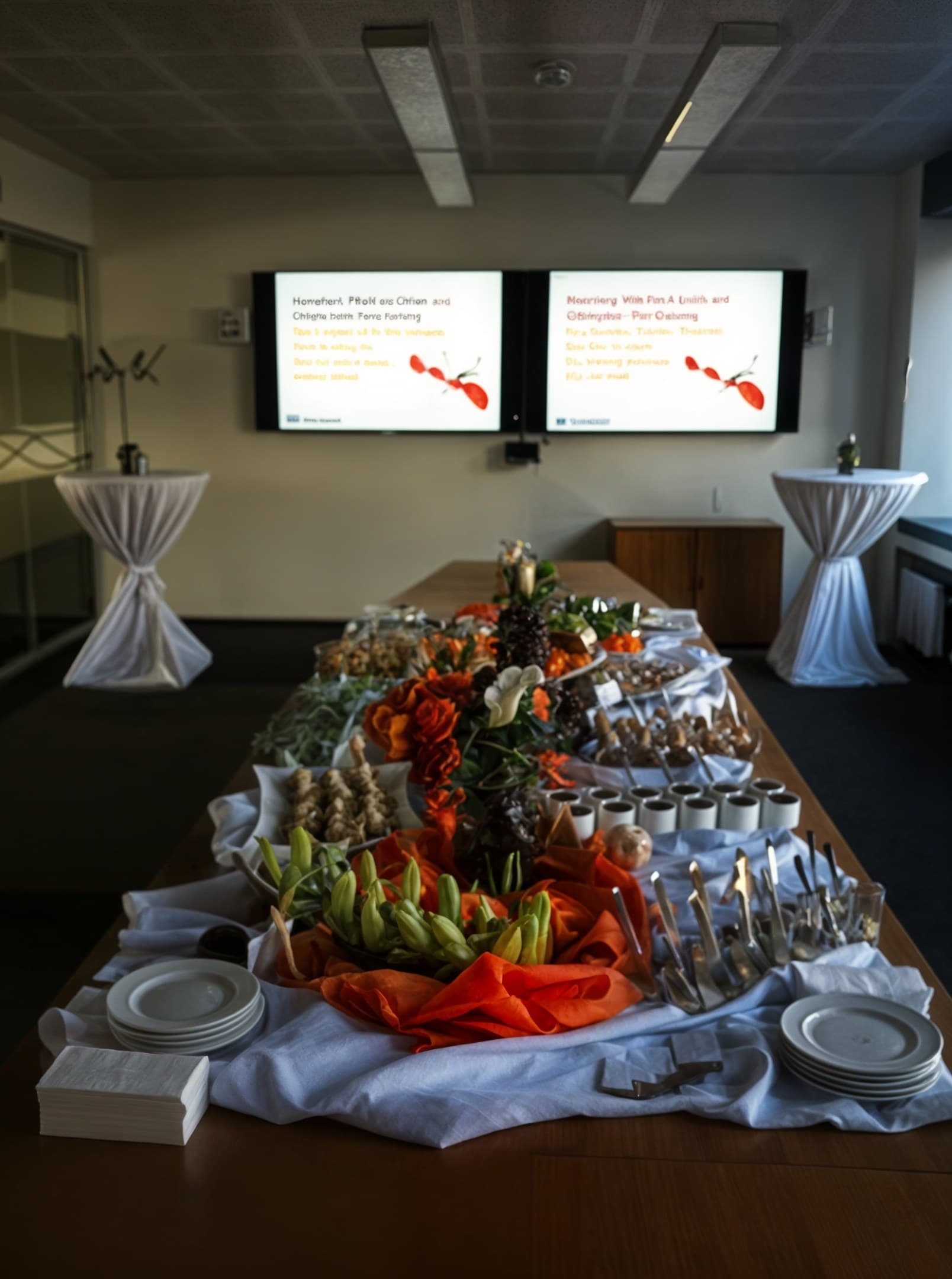 Lange Buffettafel mit orangefarbenen Tüchern, Calla, Gläsern und Tellerstapeln in einem Veranstaltungsraum